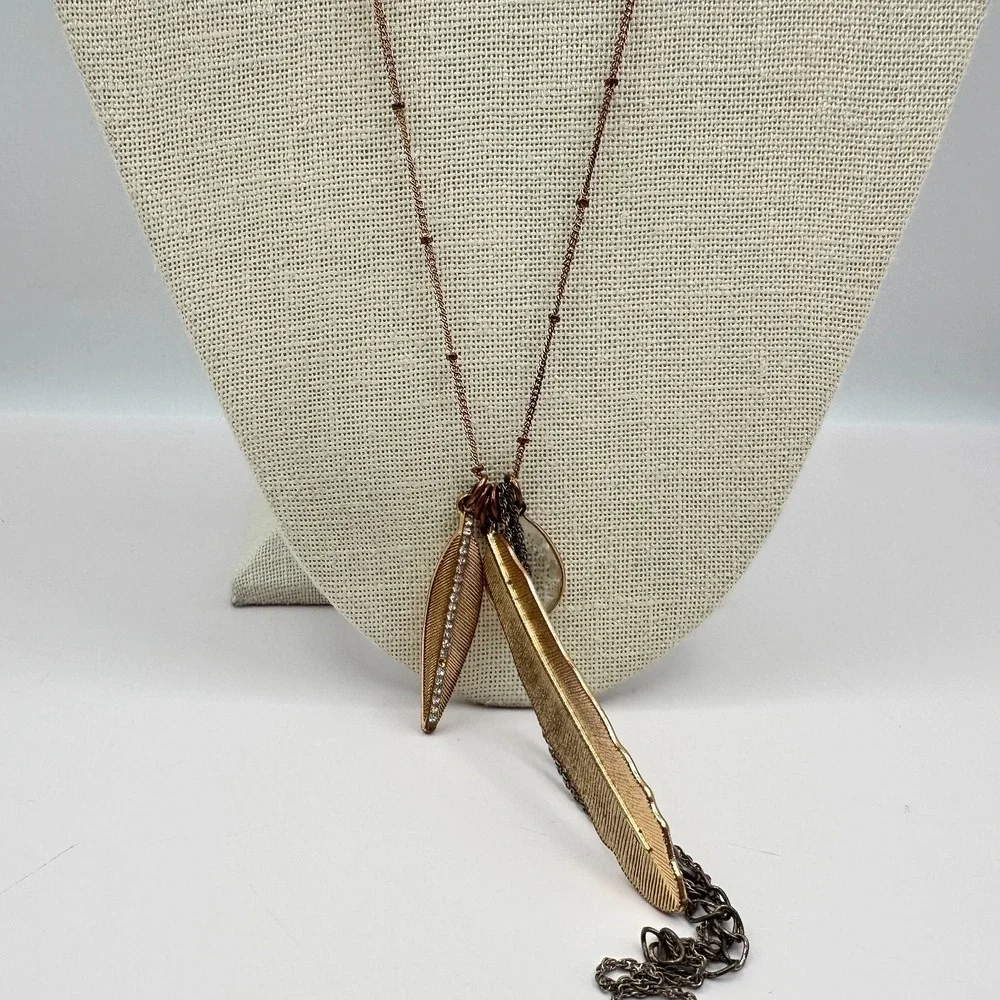 Vintage Y2K Feather Charm Rhinestone Faux Pearl Pendent Necklace Fashion Jewelry